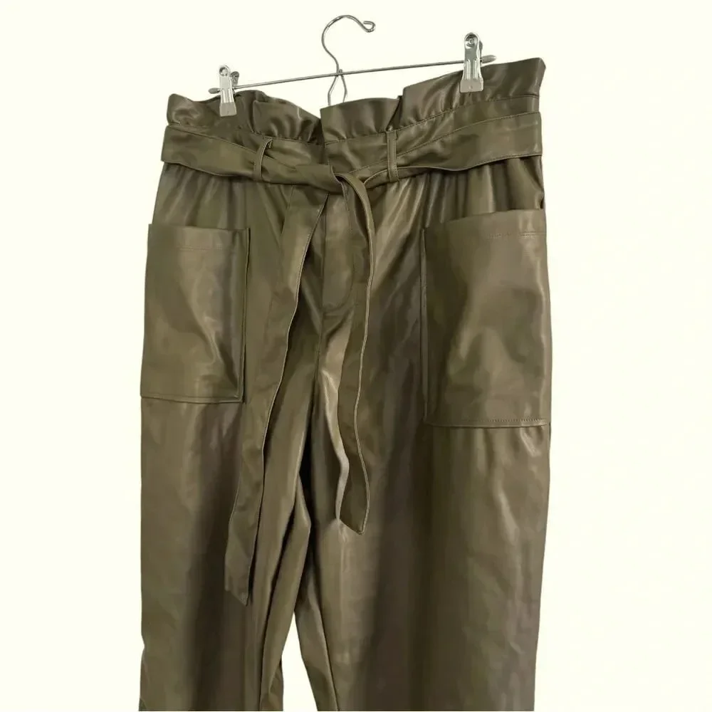 Who What Wear Olive Green Ankle Pants Belted Faux-Leather Paper Bag Trouser 16 - Picture 6 of 14